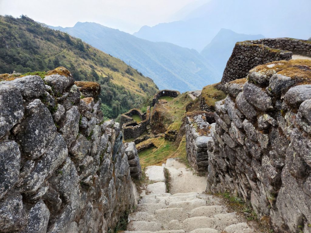 Walking through terraces on the Inca Trail